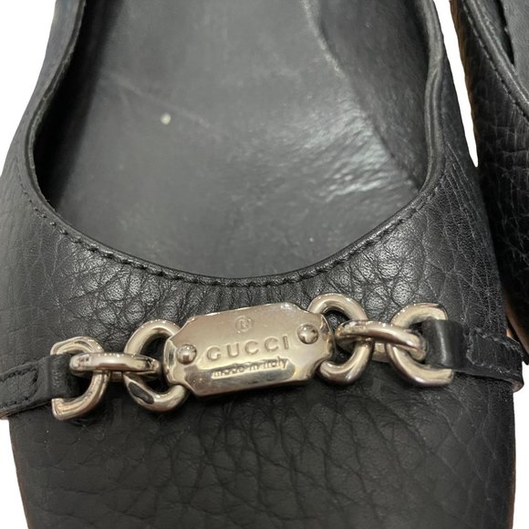 Gucci Black Leather Flats with Silver Tone Logo Plate Size 37.5 - Picture 7 of 12